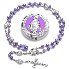 Rosary Beads Catholic for Women, Catholic Gifts, Glass Pearl Beads, Virgin Mary Medal - First Communion Rosary for Girls with Virgin Mary Miraculous Gift Box and 18pcs Prayer Cards - Purple