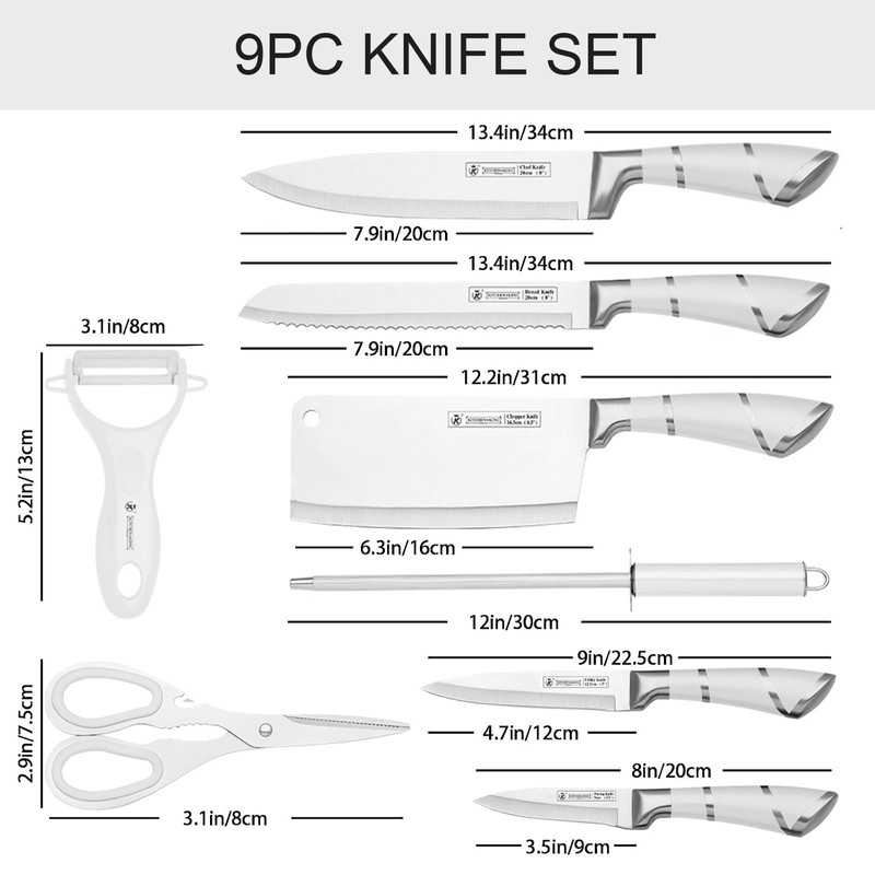 Kitchen Knife Set, Retrosohoo 9-Piece White Sharp Non-Stick Coated Chef
