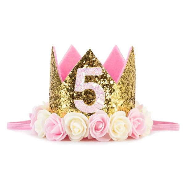 Baby Princess Crown "5" Tiara Kids First Birthday Hat Sparkle Gold Flower Design (5st Birthday Crown)
