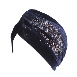 Decou Feather Image Velvet-Feel Twist Pleated Hair Wrap Stretch Turban Hat (Navy)