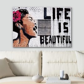SIGNWIN Framed Canvas Wall Art Banksy Life is Beautiful Billie Holiday Graffiti & Street Art Famous People Pop Art Modern Urban Multicolor for Living Room, Bedroom, Office - 12x18 inches