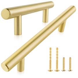 QogriSun 2-Pack Solid Brass T Bar Cabinet Handles, 5-Inch Hole Center, Copper Kitchen Hardware, Drawer Dresser Cupboard Pulls, 7.1-Inch Total Length, Brushed Finish