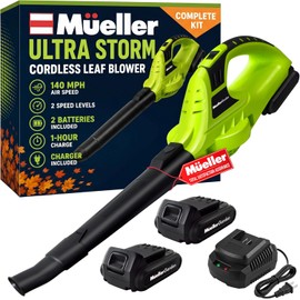 Mueller UltraStorm Cordless Leaf Blower, 2 Batteries Included for 2X Runtime, 140 MPH 20V Brushless Motor, 3.3 lb Lightweight, 2-Speed Variable, 1-Hour Fast Charge, for Lawn, Patio, Driveway & Snow