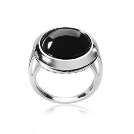 Materia #SR-153 Women's Ring Onyx Gemstone 925 Silver Black Round Rhodium-Plated in Jewellery Box, Sterling Silver, Black