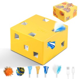 Migipaws Automatic MigiBox Plus Cat Toys 3 n1 Interactive Pounce Mystery Under PopSkin 12 Holes Cardboard Kitten Toys for Indoor Rechargable 8 Accessories(Yellow)