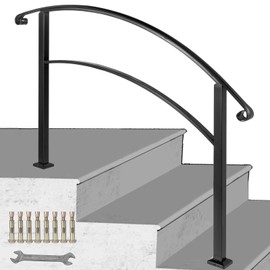 Happybuy Handrails for Outdoor Steps, Fit 1 or 3 Steps Outdoor Stair Railing, Black Wrought Iron Handrail, Flexible Front Porch Hand Rail, Transitional Handrails for Concrete Steps or Wooden Stairs