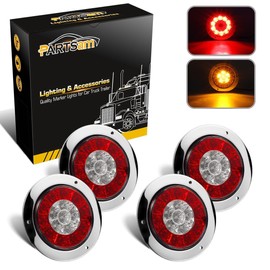 Partsam 4" Inch Round Led Trailer Taillights Stop Brake Lights Running Red and Amber Parking and Turn Signal Lights, Sealed Double Color Round Led Lights w/ Stainless Steel Rings Flange Mount (4Pack)