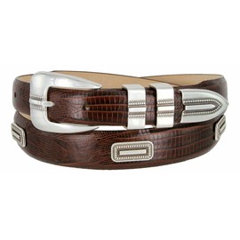 Vincente Silver Italian Calfskin Genuine Leather Dress Belt 1-1/8"(30mm) taper down to 1"(25mm) wide (Lizar Brown, 34)