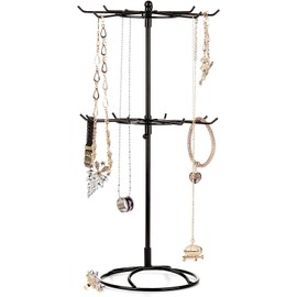xtsfx 2 Tier Rotating Jewelry Display Stand, Necklace Holder Jewelry Tree Bracelet Stand Display Organizer for Necklaces Bracelets Earrings Rings, Black, 5.9x16.3in