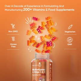 Multivitamin for Kids - 120 Natural Raspberry & Orange Flavour Chewable Gummies (2 Month Supply) - Low-Sugar Childrens Multivitamins with Zinc & Omega 3, 6 & 9 - Vegetarian Vitamins for Kids