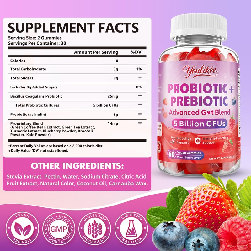 Youlikee 2 Pack Prebiotic + Probiotic Gummies, 5 Billion CFUs