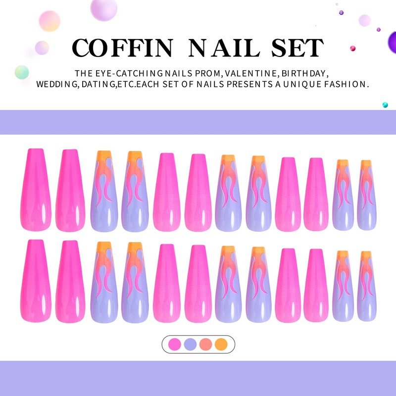 French Coffin Nails Fire Flames Shiny Fake Nails Wildfire Fluorescent
