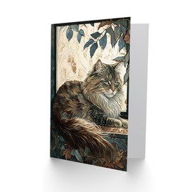 Artery8 Siberian Cat Perched on Window Sill in Autumn Modern Illustration Art Birthday Sealed Greeting Card Plus Envelope Blank Inside