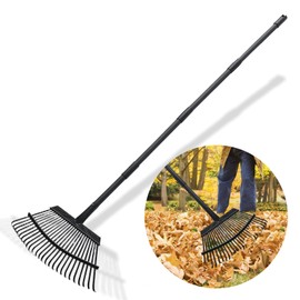 Rake for Leaves Heavy Duty Metal Garden Tools with 64.1 Inch Adjustable Steel Handle 25 Tines Leaf Rakes for Lawns Flower Bed Shrub Camping, Black
