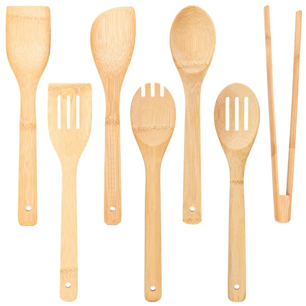 HANSGO 7PCS Bamboo Cooking Utensils, Kitchen Nonstick Bamboo Cooking Utensils