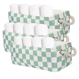 3PC Checked Long Narrow Storage Baskets 15x6x5 inch Small Fabric Storage Bins with PU Handles for Closet,Cabinet,Countertop Organizing Small Items (Green)