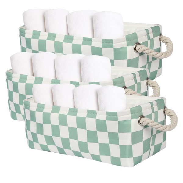 3PC Checked Long Narrow Storage Baskets 15x6x5 inch Small Fabric