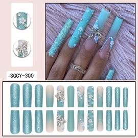 VIVABOMS Long Press On Nails with Bow & Floral Design, Matte Ombre False Nails with Rhinestones, Reusable Nail Art Tips for Women and gilrs, Party, Bridal & Daily Elegant Wear 24PCS