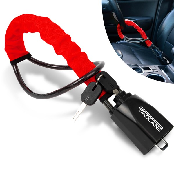 GADLANE Seat Belt Lock Steering Wheel Lock - Double Car Lock Anti-Theft Device - High Visibility Car Security Devices Suitable for Car, Van & Caravan with 2 Keys - Strong Car Steering Lock (Red)