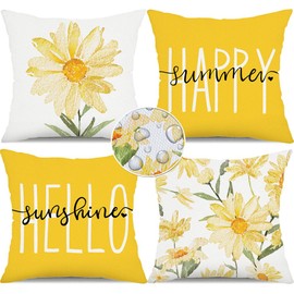 DFXSZ Outdoor Throw Pillow Covers 20x20 Set of 4 Waterproof Watercolor Daisy Throw Pillow Covers Hello Sunshine Summer Cushion Case Decoration for Sofa Couch