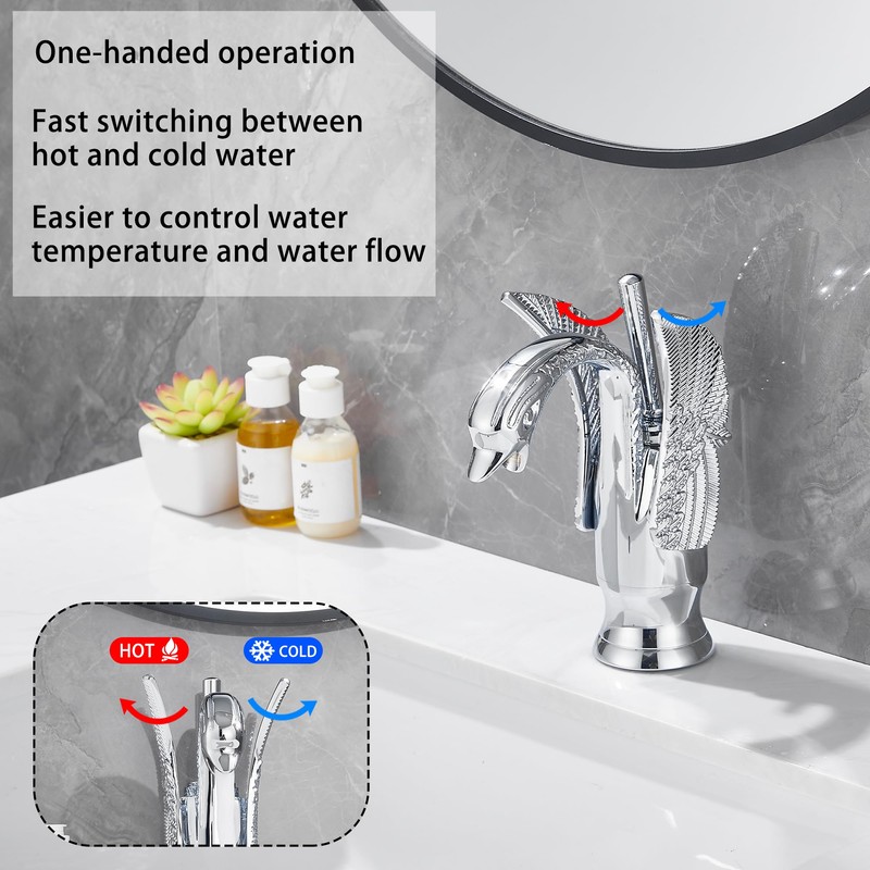 GGStudy Chrome Bathroom Faucet Swan Shape Single Handle One Hole