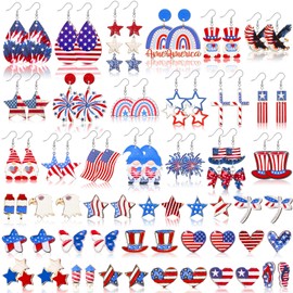 Nosiny 36 Pairs Patriotic Earrings Bulk for Women 4th of July Wooden Earrings Lightweight Independence Day Memorial Day Drop Dangle Red White Blue Star Heart Dangle Stud for Women Jewelry Parties Gift