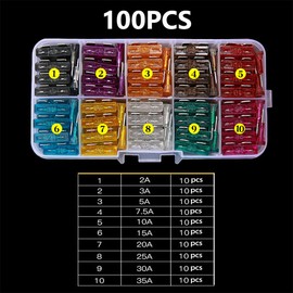 100Pcs Small Size Blade Type Car Fuse Set 10 Kinds of Car Fuse Inserts Auto Car Truck 2.5/3/5/7.5/10/15/20/25/30/35A Fuse with Box Clip
