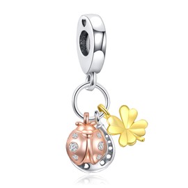 LaMenars Natural Clover Fireflies Ladybird Flamingo Ladybird Charm for Bracelets 925 Silver Pendant Beads for Necklaces Dangle for Mother's Day Birthday Christmas, Cubic Zirconia, Cubic zirconia