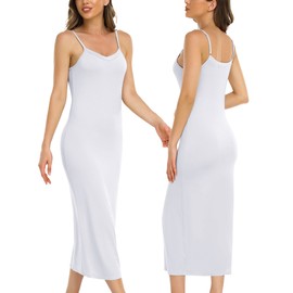 Vlazom Long Slip Dress for Women, Basic Adjustable Spaghetti Straps Cami Slip Dress Soft V Neck Nightgown Under Dresses A-white