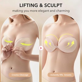 EMOET Double Padded Seamless Bra, Latest Upgraded Silicone Bra Cups, Ultra Boost Inserts Sticky Bras, Truly Invisible Low Back Brassiere for Different Dress Styles Transparent