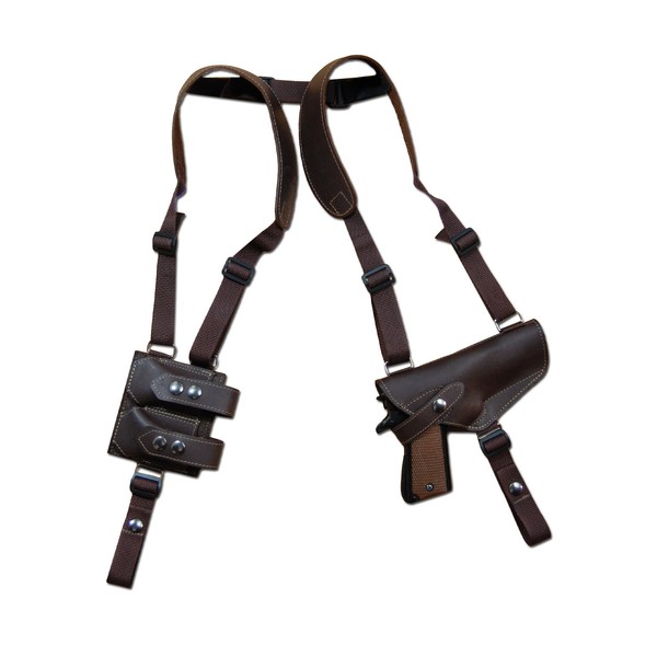 Barsony New Horizontal Brown Leather Shoulder Holster w/Dbl Mag Pouch for Full Size 9mm 40 45