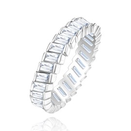 Uloveido Mother's Day Gift Silver Tone CZ Emerald Cut Eternity Band Ring Wedding Anniversary Rings for Her Y1790 (White, 9)