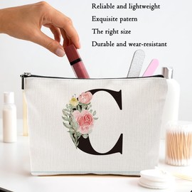 MQBMQB Rose Letter Initial C Makeup Bags for Women Lined Monogram Cosmetic Bag with Zipper Birthday Gifts for Women Girls Bridesmaid Best Friends Sisters, Travel Toiletry Bag, Wedding Gifts