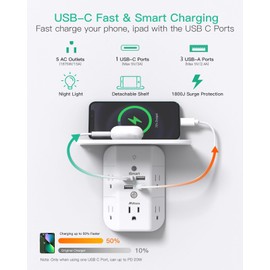 PD20W Wall Outlet Extender, Outlet Splitter with Shelf and Night Light, USB Wall Charger with 5 AC Outlets and 3 USB A Ports 1 USB C Ports Wide Space 3-Sided Power Strip Multi Plug Outlets