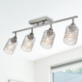 VINLUZ 2-Light Brushed Nickel Directional Spotlight Track Lighting Kit with Clear Glass Shade, Semi Flush Mount Ceiling Light Fixture for Bathroom Vanity