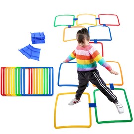 AMYESE Hopscotch Squares Hoops- 15in Hopscotch Games Set with 15 Connectors for Kids Balance Agility Training Obstacle Course, Indoor Outdoor Backyard Playground Activity, Boy Girls Birthday Fun Play
