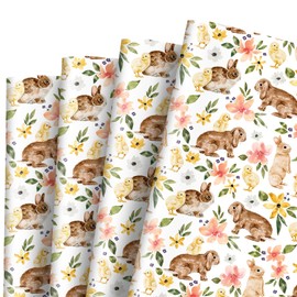AnyDesign Easter Bunny Wrapping Paper Folded Flat Watercolor Floral Rabbit Gift Wrap Paper Bulk Cute Art Paper for Birthday DIY Crafts Gift Packing, 19.7 x 27.6 Inch, 6 Sheet