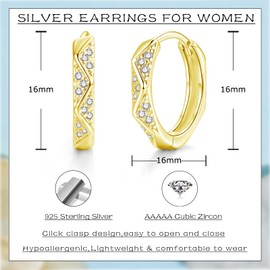 Bewenda Silver Hoops Earrings, 925 Sterling Silver Huggie Hoop Earrings with Zirconia, Cartilage Sleeper Hinged Hoop Earring for Women, Small 16mm Hoops Earring for Birthday Valentine's Day Party