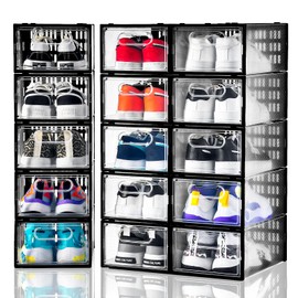 Clemate 15 Pack Shoe Storage Boxes, Clear Plastic Stackable Shoe Organizer for Closet, Shoe Box with Magnetic Door, Foldable Shoe Storage Bin, Sneaker Storage Box Shoe Rack Container Holder, Size 9
