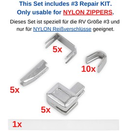 Zip Repair Kit for Size 3, 5, 8 and 10 End Pieces, Top and Bottom, Replacement Accessories for Metal and Nylon Zips, Zip Stoppers for Top and Bottom for Jackets, Backpacks