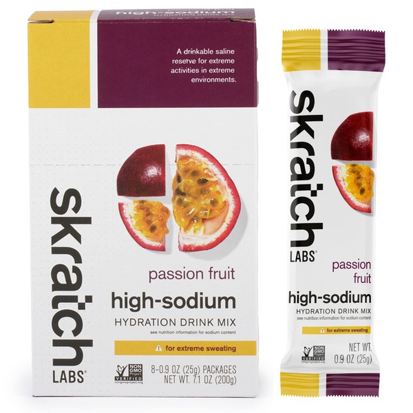 Skratch Labs High Sodium Electrolyte Powder Packets | Hydration Drink Mix | Hydration Packets Developed for Extreme Dehydration | Passion Fruit (8 Packets) | Non-GMO, Vegan, Kosher