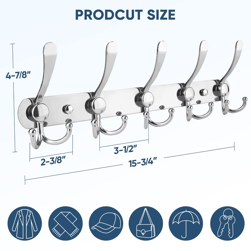 TICONN Wall Mounted Coat Rack, Five Heavy Duty Tri Hooks