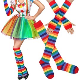 Womens Rainbow Knee High Socks Gloves Striped Arm Warmer Sleeves Fingerless Gloves Colorful Over Knee High Socks for Girls Pride Day Parade Cosplay Costume Wedding Party (Rainbow)