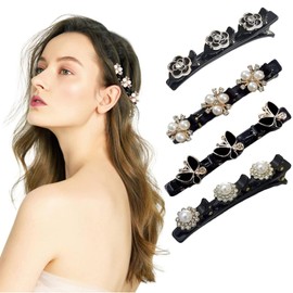 yufana 4 Pieces Braided Hair Clips, Crystal Hair Clips, Braided Hair Clips, Crystal Flower Braided Hair Clips, Hair Clip Accessories for Women, Fashion Double Layer Hair Clips for Women