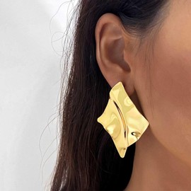 Cybche Irregular Square Earrings Gold Exaggerated Square Stud Earrings Geometric Crumpled Earrings Metal Hammered Square Earrings Large Statement Dangle Earrings Jewellery, Zinc, No Gemstone