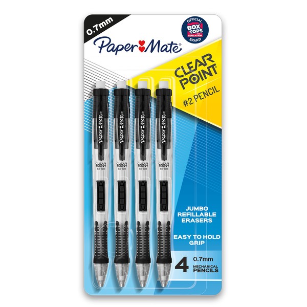 Paper Mate Clearpoint Mechanical Pencils, 0.7mm, HB #2, Black Barrels, 4 Count