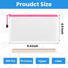 Jaoruizer 200 Pieces A6 Mesh Zipper Pencil Pouch Bulk Plastic Clear Mesh Storage Bags Waterproof Small Pencil Pouches for School Office Supplies Organization, 9.4 x 4.5 Inches (10 Colors)
