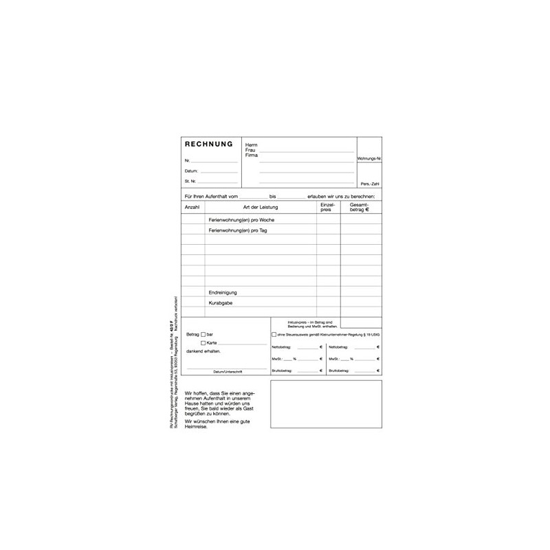 Invoice pad DIN A5 especially for holiday rentals, apartment rentals,