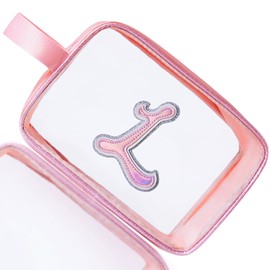 COSHAYSOO Clear Makeup Bag Preppy Initial Letter Cosmetic Toiletry Sunscreen Pouch 20th 30th 40th 50th Birthday Gifts for Women Mother Aunt Colleague Summer Beach Pool Lake Travel Essentials Pink L