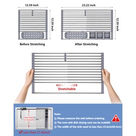 LIONONLY Expandable Roll Up Dish Drying Rack, 304 Stainless Steel Over The Sink Dish Drainer Rack, Foldable Rollable Kitchen Sink Rack with 2 Removable Utensil Holder 12.59”-12.59”to 23.22”